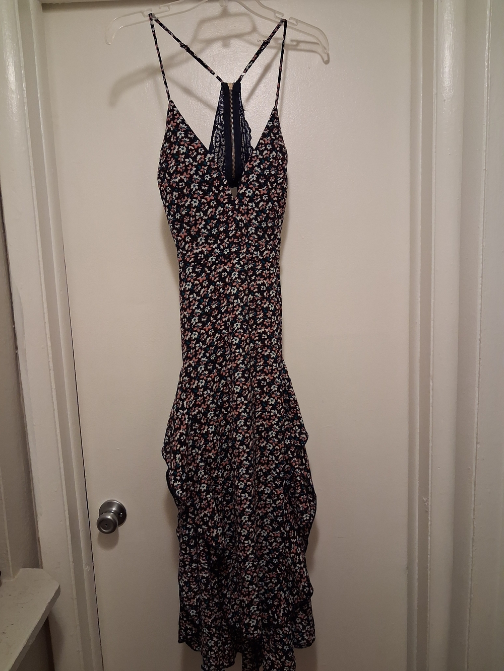 Floral Spaghetti-Strap Ruffle Maxi Dress - Navy Blue Floral